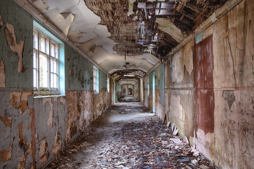 Abandoned Severalls Mental Hospital in Colchester, Essex, photographed during an urban exploration in 2016.