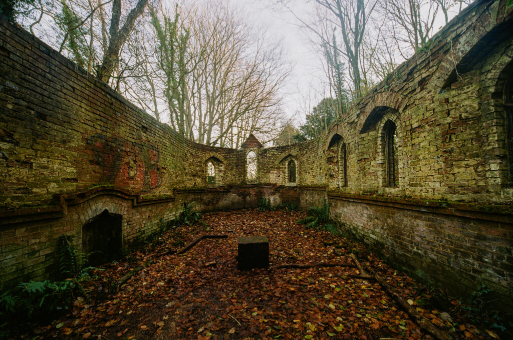 abandoned brick ruins with arched windows